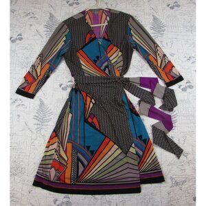 EUC Eccoci Stret Wrap Dress Bold bright mod colors midi 3/4 slve Womens Size 6
